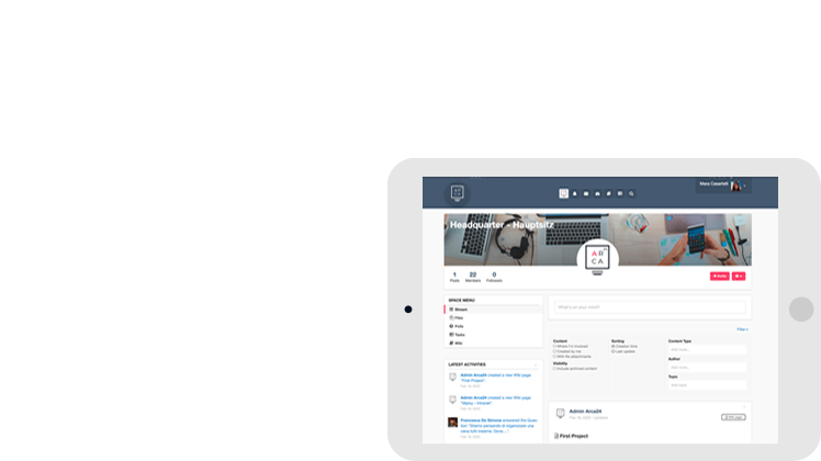 Mploy – digital workhub Within groups it is possible to work in teams and create projects, make research, launch topics or simply share information with the other members.
